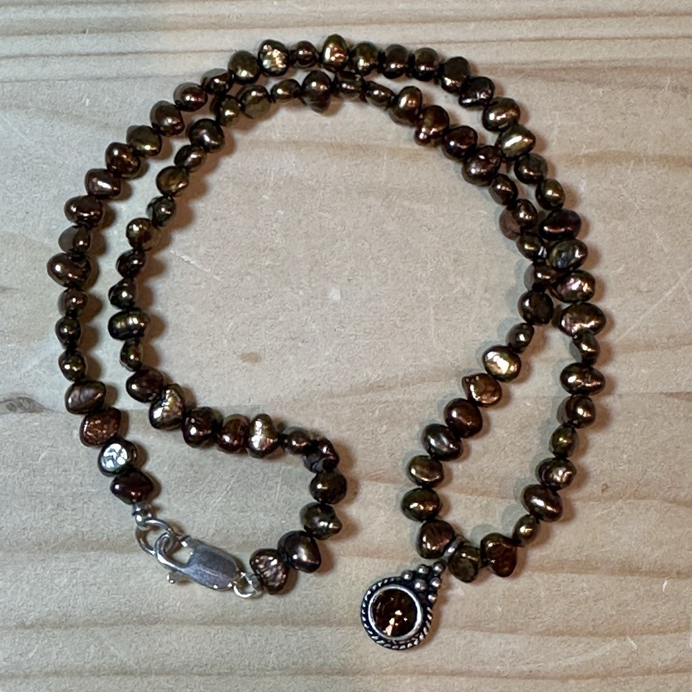 Vintage Pendant Necklace‎ 17 Inch Bronze Cultured Pearl Topaz 925 Sterling 18.0g